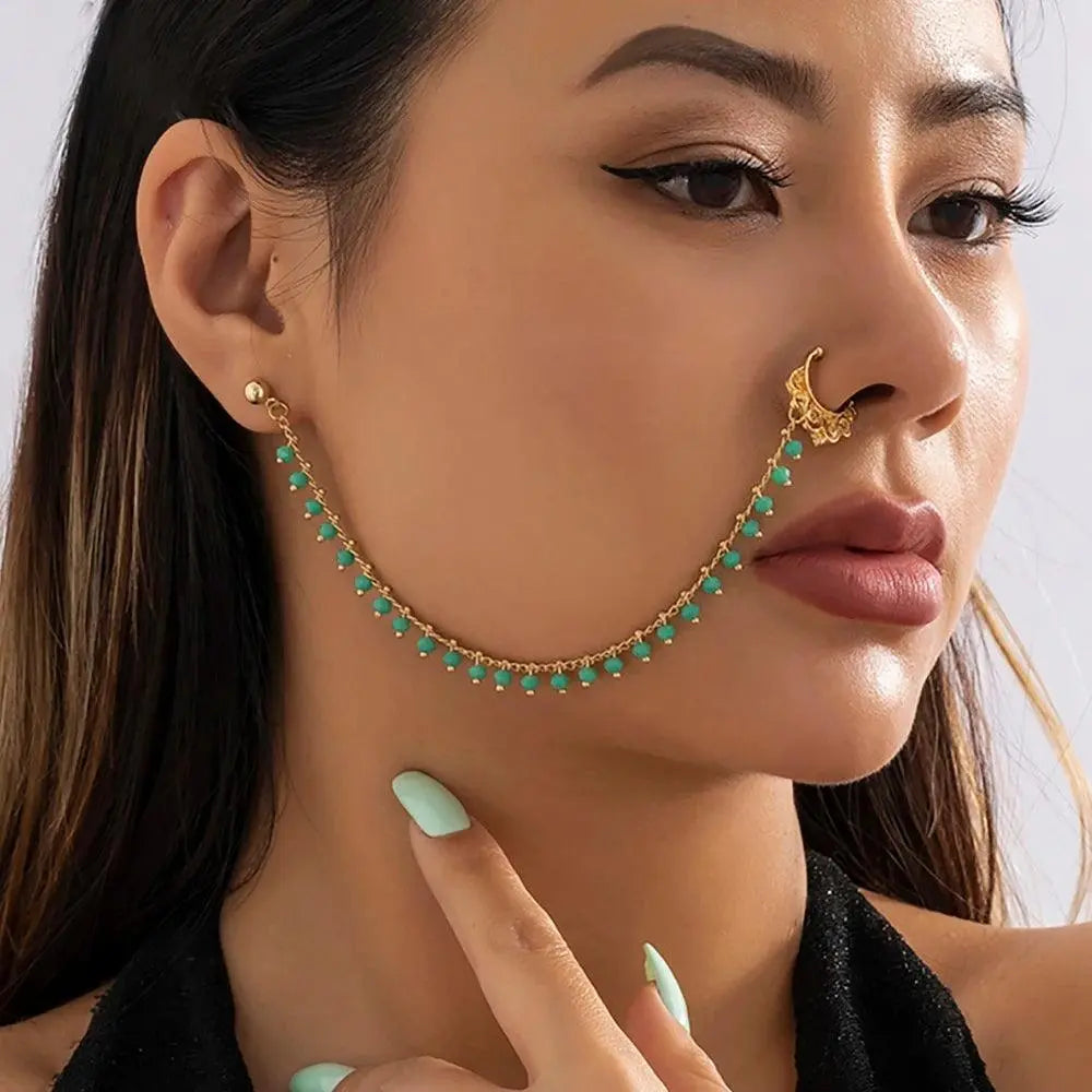 Lacteo Trendy Nose Rings for Women Connecting Earrings Black Green Small Crystal Beads Fake Nostril Piercing Clip Jewelry Ladies - SS69