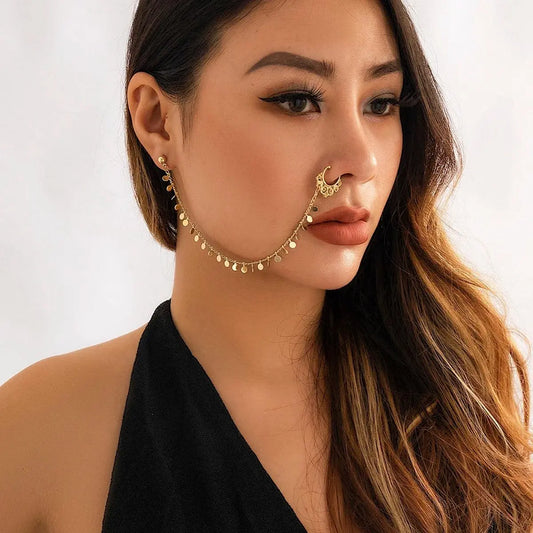 Lacteo Trendy Nose Rings for Women Connecting Earrings Black Green Small Crystal Beads Fake Nostril Piercing Clip Jewelry Ladies - SS69