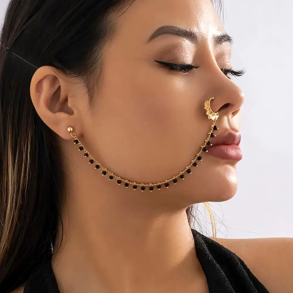 Lacteo Trendy Nose Rings for Women Connecting Earrings Black Green Small Crystal Beads Fake Nostril Piercing Clip Jewelry Ladies SS69