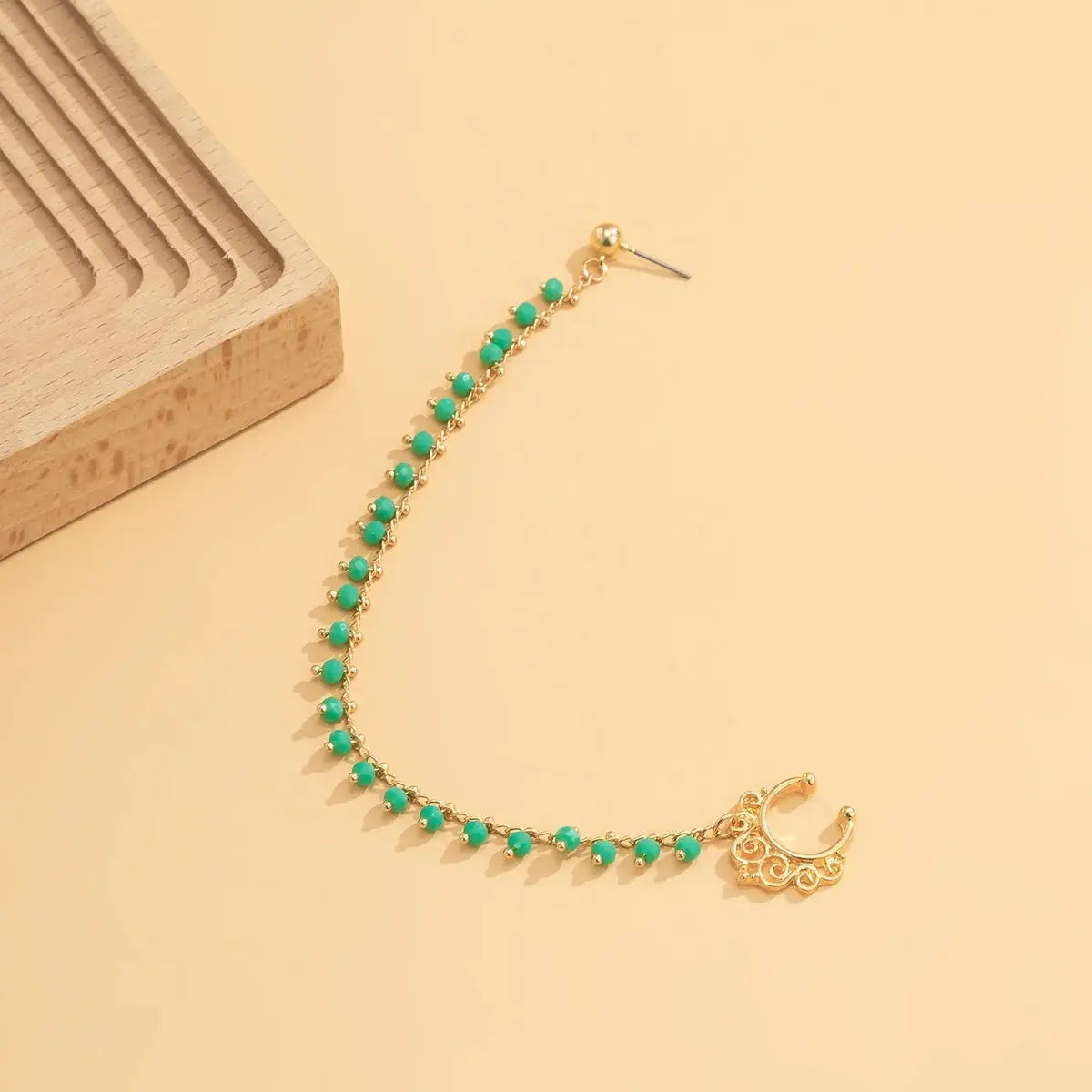 Lacteo Trendy Nose Rings for Women Connecting Earrings Black Green Small Crystal Beads Fake Nostril Piercing Clip Jewelry Ladies SS69