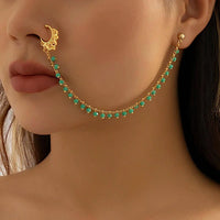 Lacteo Trendy Nose Rings for Women Connecting Earrings Black Green Small Crystal Beads Fake Nostril Piercing Clip Jewelry Ladies SS69
