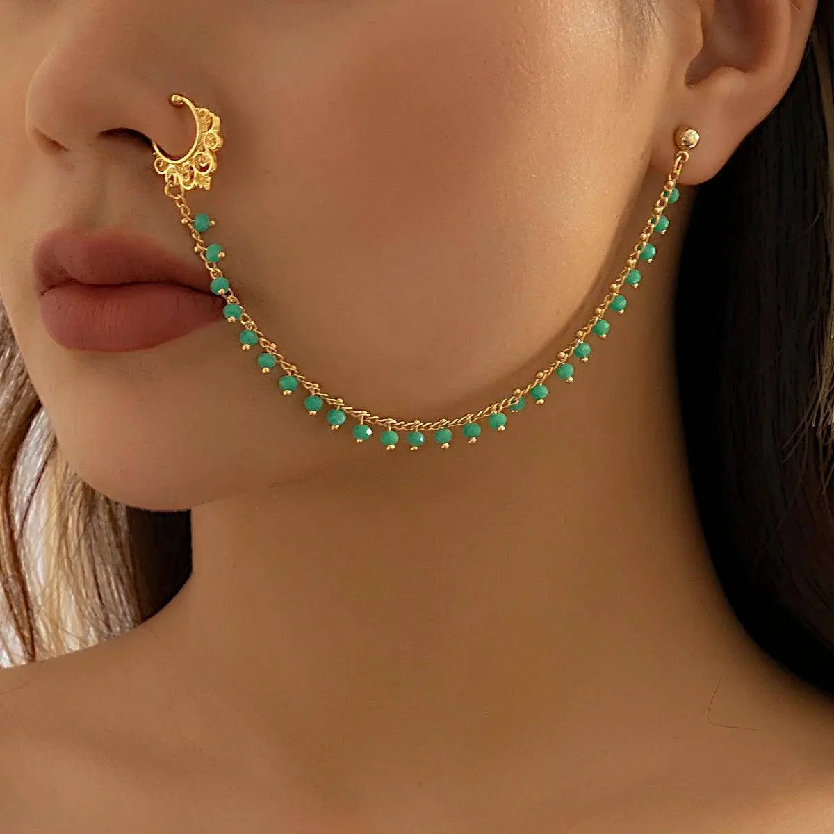 Lacteo Trendy Nose Rings for Women Connecting Earrings Black Green Small Crystal Beads Fake Nostril Piercing Clip Jewelry Ladies SS69