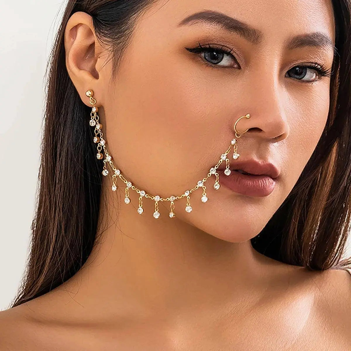 Lacteo Trendy Nose Rings for Women Connecting Earrings Black Green Small Crystal Beads Fake Nostril Piercing Clip Jewelry Ladies SS69