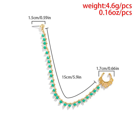 Lacteo Trendy Nose Rings for Women Connecting Earrings Black Green Small Crystal Beads Fake Nostril Piercing Clip Jewelry Ladies SS69