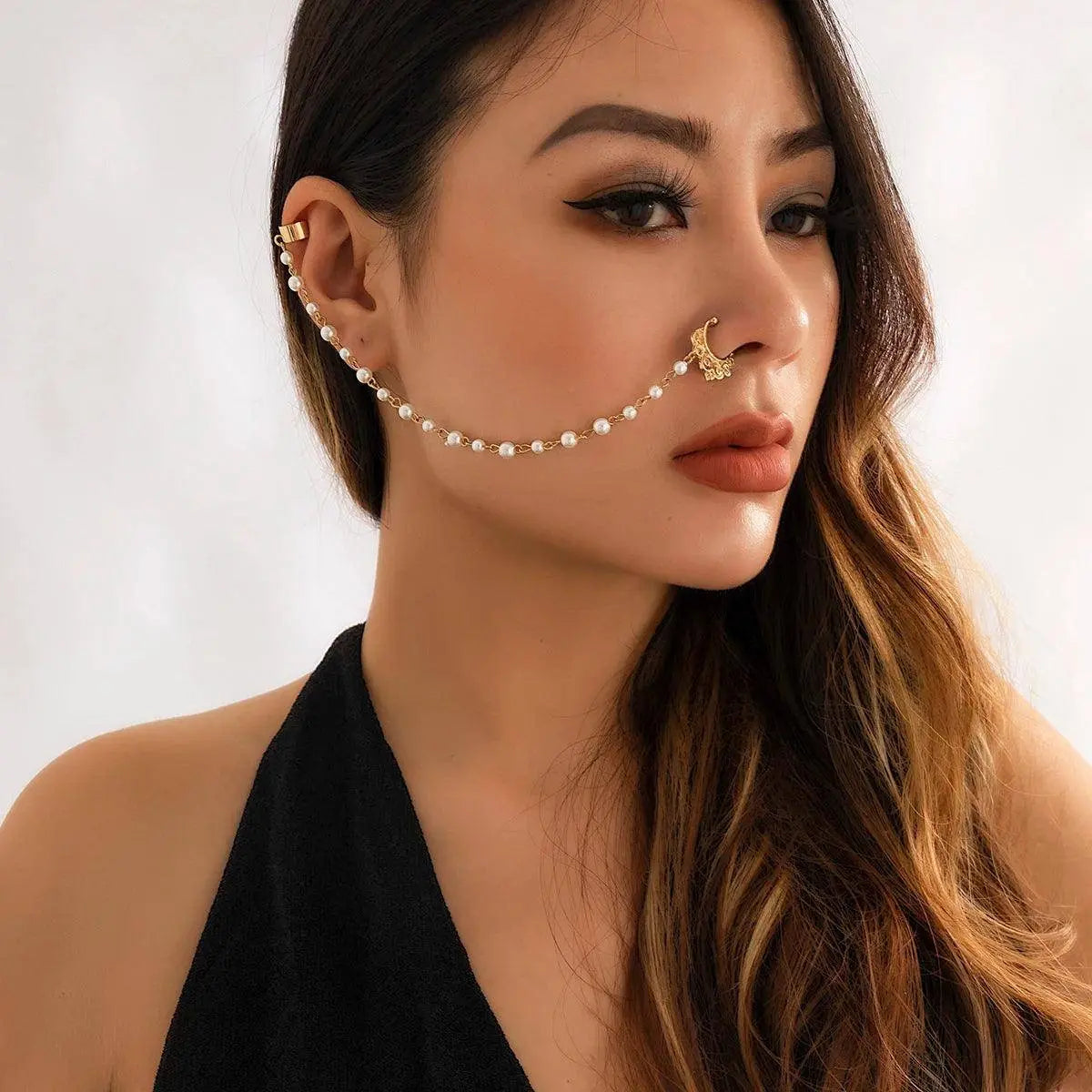 Lacteo Trendy Nose Rings for Women Connecting Earrings Black Green Small Crystal Beads Fake Nostril Piercing Clip Jewelry Ladies SS69