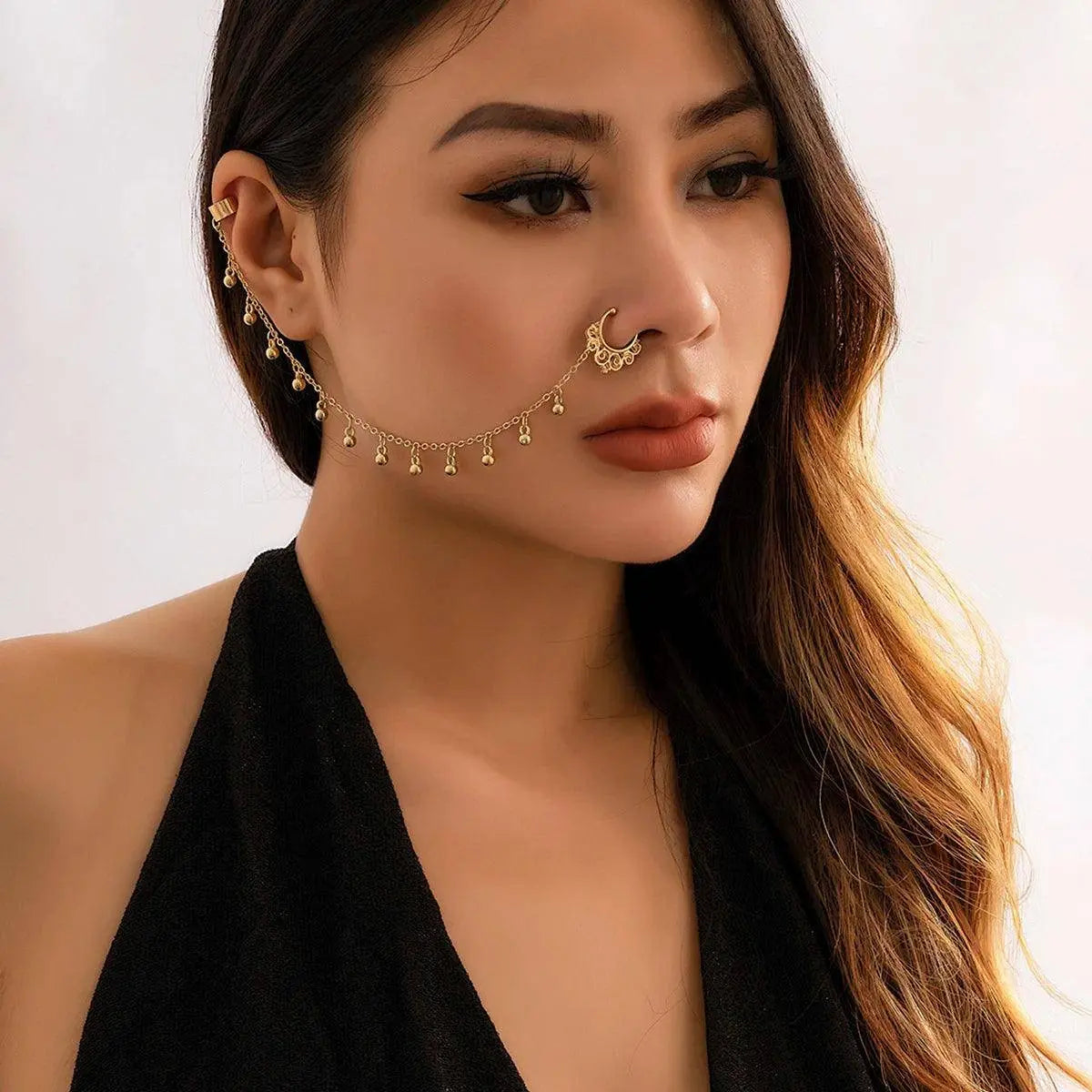 Lacteo Trendy Nose Rings for Women Connecting Earrings Black Green Small Crystal Beads Fake Nostril Piercing Clip Jewelry Ladies SS69