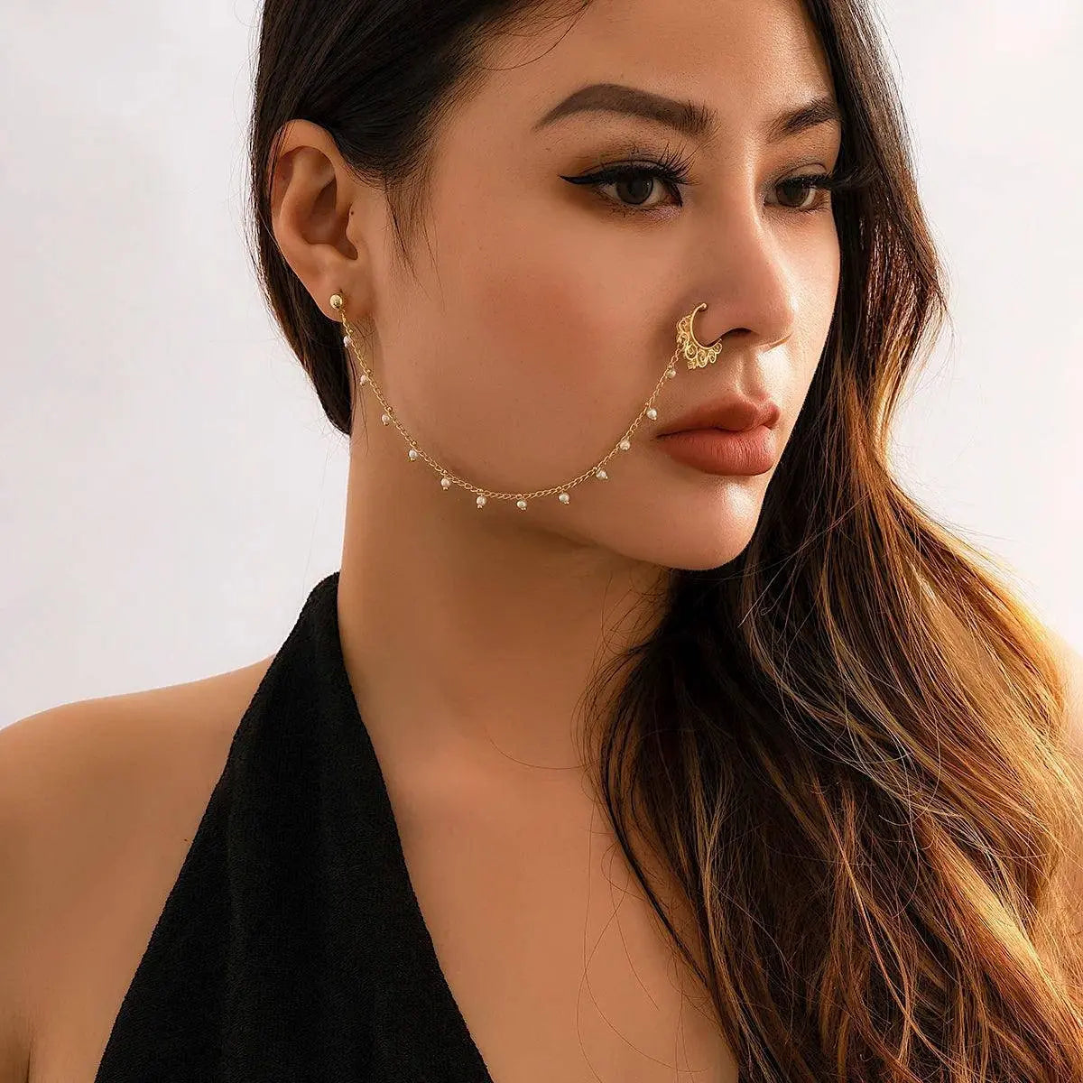 Lacteo Trendy Nose Rings for Women Connecting Earrings Black Green Small Crystal Beads Fake Nostril Piercing Clip Jewelry Ladies SS69