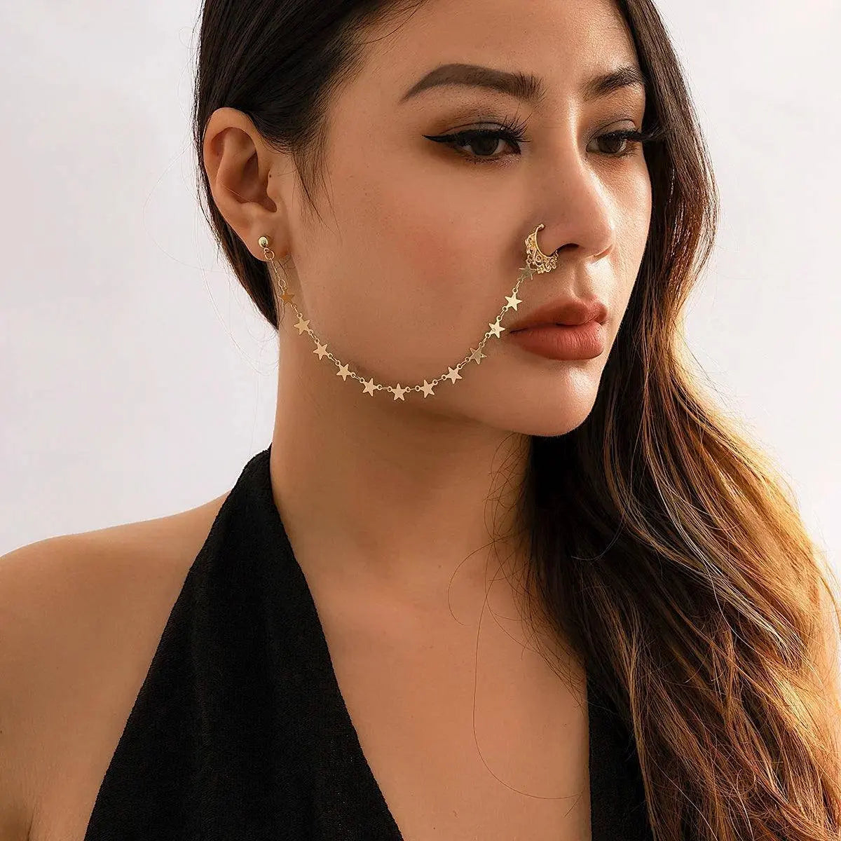 Lacteo Trendy Nose Rings for Women Connecting Earrings Black Green Small Crystal Beads Fake Nostril Piercing Clip Jewelry Ladies SS69