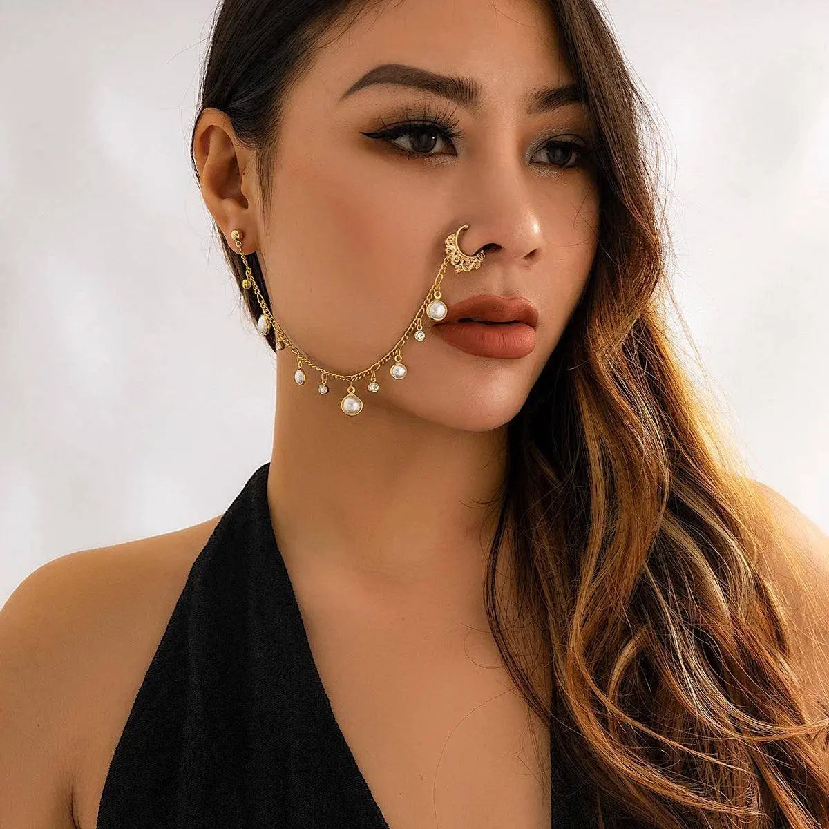 Lacteo Trendy Nose Rings for Women Connecting Earrings Black Green Small Crystal Beads Fake Nostril Piercing Clip Jewelry Ladies SS69