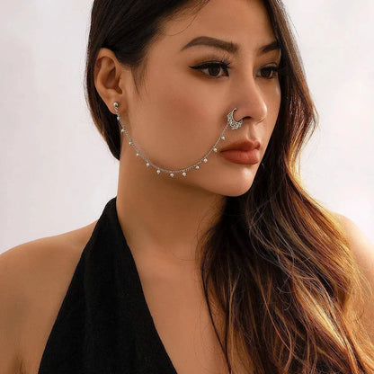 Lacteo Trendy Nose Rings for Women Connecting Earrings Black Green Small Crystal Beads Fake Nostril Piercing Clip Jewelry Ladies SS69