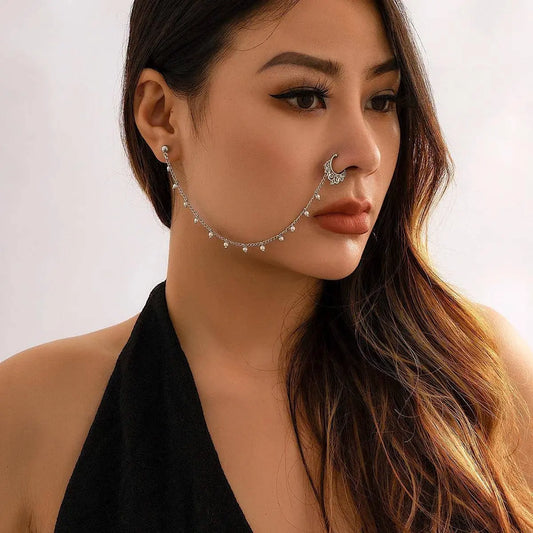 Lacteo Trendy Nose Rings for Women Connecting Earrings Black Green Small Crystal Beads Fake Nostril Piercing Clip Jewelry Ladies SS69