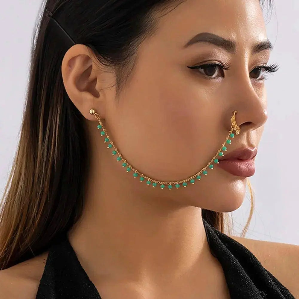 Lacteo Trendy Nose Rings for Women Connecting Earrings Black Green Small Crystal Beads Fake Nostril Piercing Clip Jewelry Ladies SS69