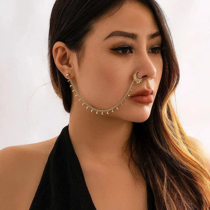 Lacteo Trendy Nose Rings for Women Connecting Earrings Black Green Small Crystal Beads Fake Nostril Piercing Clip Jewelry Ladies SS69