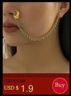 Lacteo Trendy Nose Rings for Women Connecting Earrings Black Green Small Crystal Beads Fake Nostril Piercing Clip Jewelry Ladies SS69