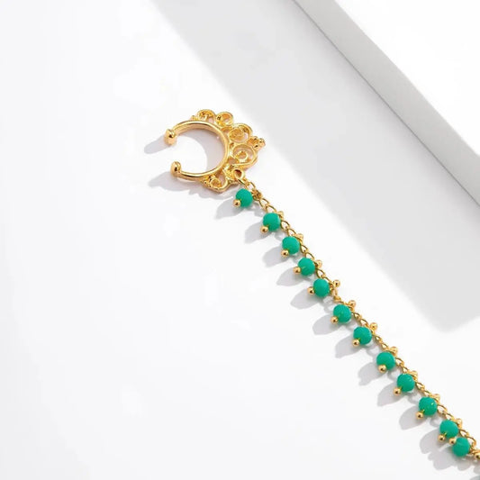 Lacteo Trendy Nose Rings for Women Connecting Earrings Black Green Small Crystal Beads Fake Nostril Piercing Clip Jewelry Ladies SS69