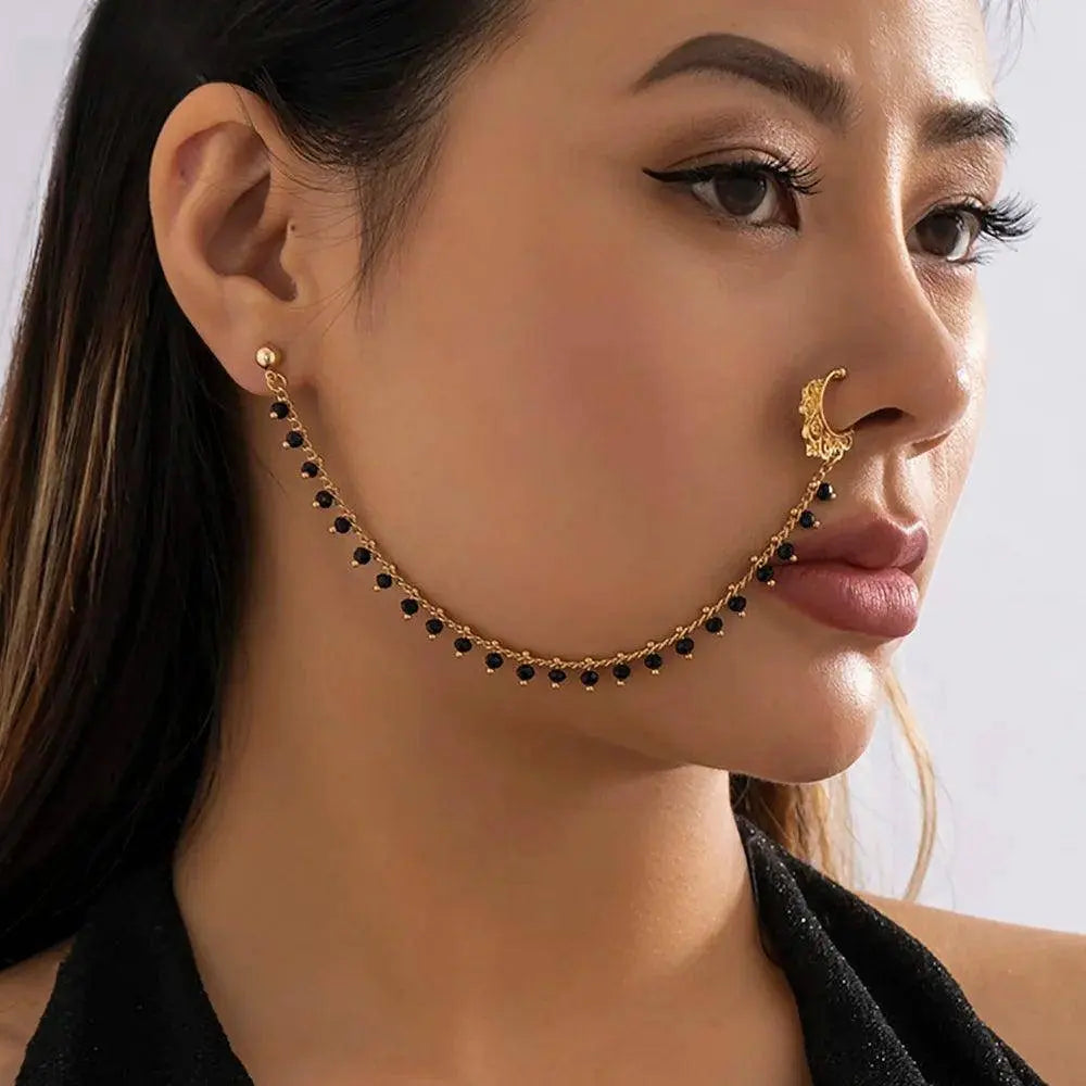 Lacteo Trendy Nose Rings for Women Connecting Earrings Black Green Small Crystal Beads Fake Nostril Piercing Clip Jewelry Ladies SS69