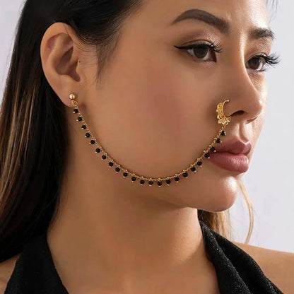 Lacteo Trendy Nose Rings for Women Connecting Earrings Black Green Small Crystal Beads Fake Nostril Piercing Clip Jewelry Ladies SS69