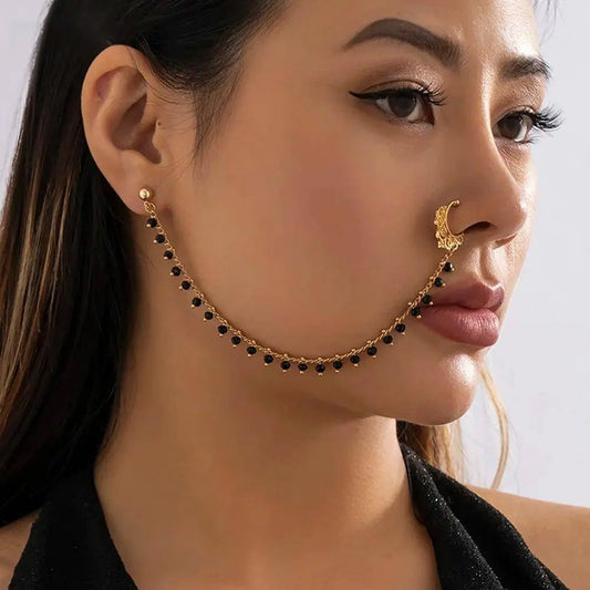 Lacteo Trendy Nose Rings for Women Connecting Earrings Black Green Small Crystal Beads Fake Nostril Piercing Clip Jewelry Ladies SS69