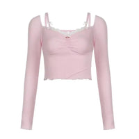 Lacy V-Neck Fitted Top with Sweet Stitching - SS69