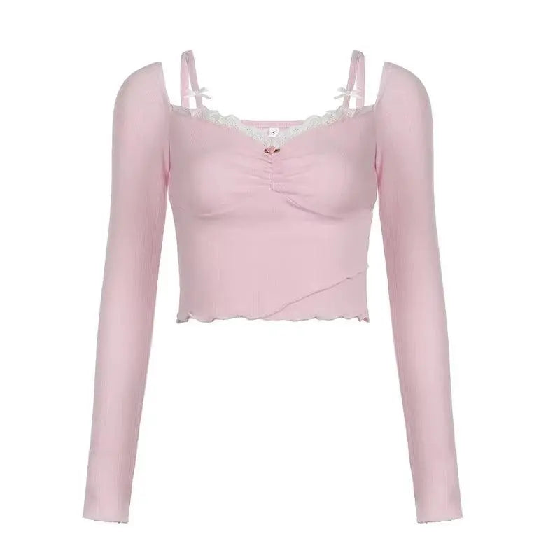Lacy V-Neck Fitted Top with Sweet Stitching - SS69