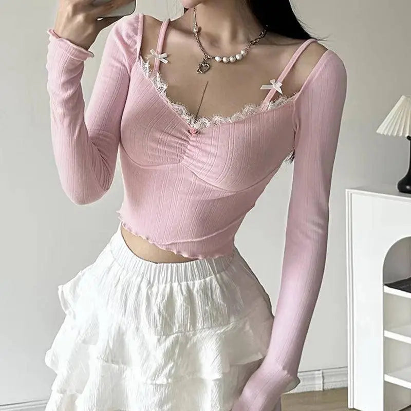 Lacy V-Neck Fitted Top with Sweet Stitching - SS69