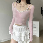 Lacy V-Neck Fitted Top with Sweet Stitching - SS69