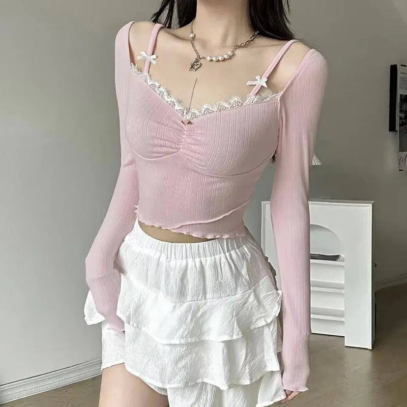 Lacy V-Neck Fitted Top with Sweet Stitching - SS69
