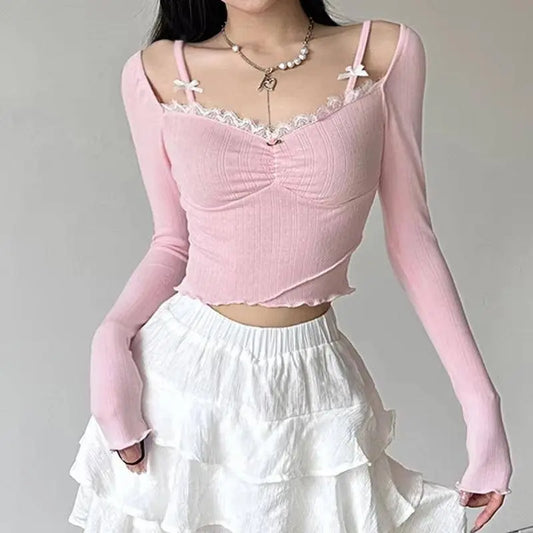 Lacy V-Neck Fitted Top with Sweet Stitching - SS69