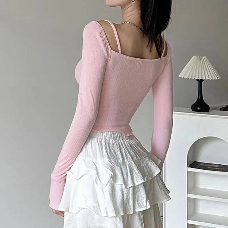 Lacy V-Neck Fitted Top with Sweet Stitching - SS69