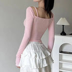 Lacy V-Neck Fitted Top with Sweet Stitching - SS69