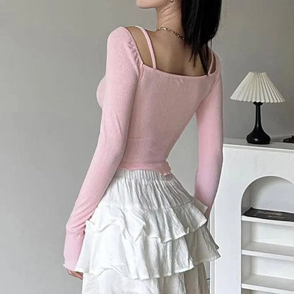 Lacy V-Neck Fitted Top with Sweet Stitching - SS69