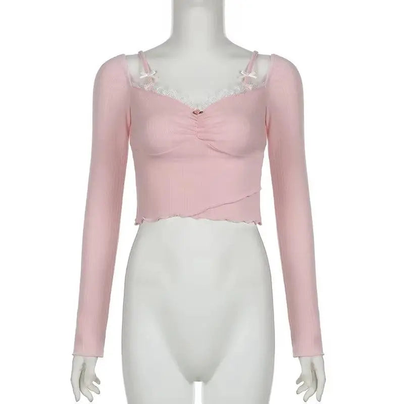 Lacy V-Neck Fitted Top with Sweet Stitching - SS69