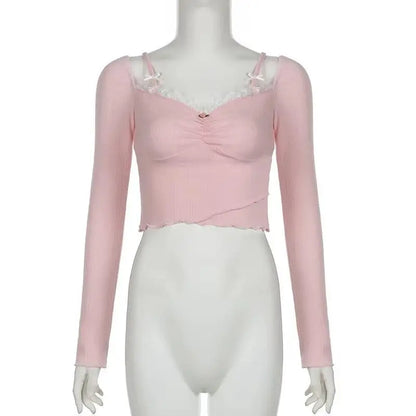Lacy V-Neck Fitted Top with Sweet Stitching - SS69