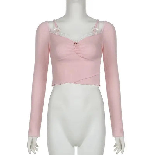 Lacy V-Neck Fitted Top with Sweet Stitching - SS69