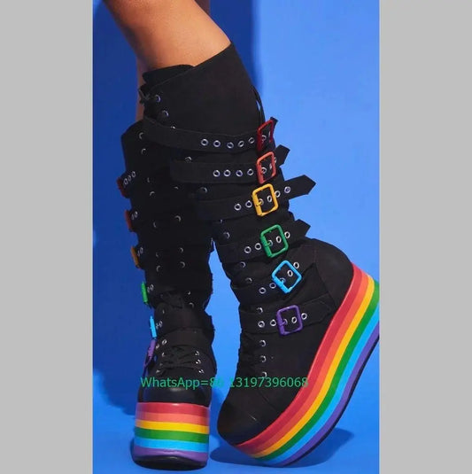 Lady Platform Colorful Design Buckle Strap Boots Side Zip Rainbow Platform Footwear Punk Y2K Style Boots Size 33-46 Mary Janes SS69
