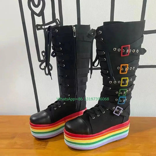Lady Platform Colorful Design Buckle Strap Boots Side Zip Rainbow Platform Footwear Punk Y2K Style Boots Size 33-46 Mary Janes SS69