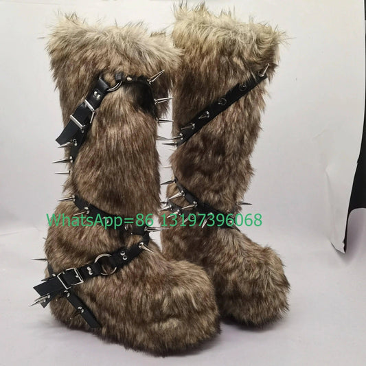Lady white buckle strap fur vintage boots platform sexy Mary Janes Y2K style boots metal design cowboy boots size 35-46 footwear - SS69
