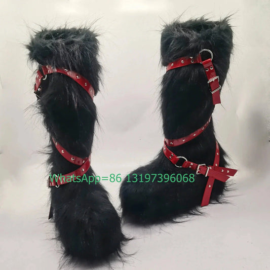 Lady white buckle strap fur vintage boots platform sexy Mary Janes Y2K style boots metal design cowboy boots size 35-46 footwear - SS69