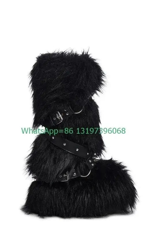 Lady white buckle strap fur vintage boots platform sexy Mary Janes Y2K style boots metal design cowboy boots size 35-46 footwear - SS69