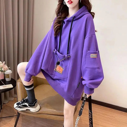 Large Size 200 Pounds Medium Long Hooded Sweatshirt Women's Thin 2025 New Spring Korean Version Loose Top Jacket Ins Trend - SS69