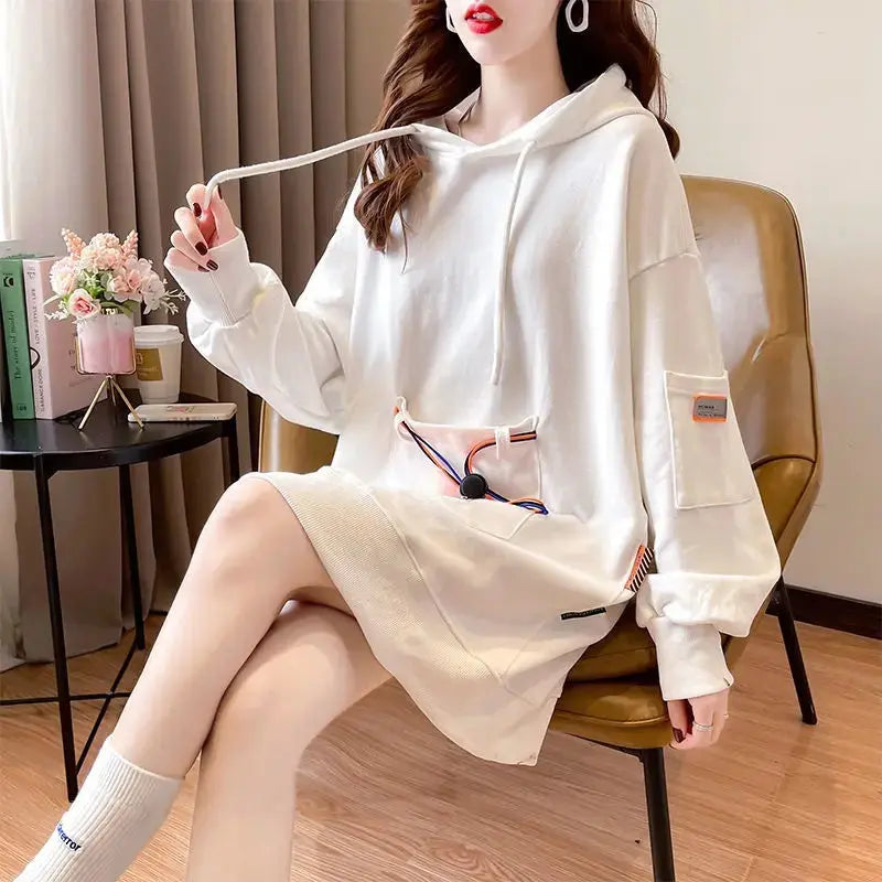 Large Size 200 Pounds Medium Long Hooded Sweatshirt Women's Thin 2025 New Spring Korean Version Loose Top Jacket Ins Trend - SS69