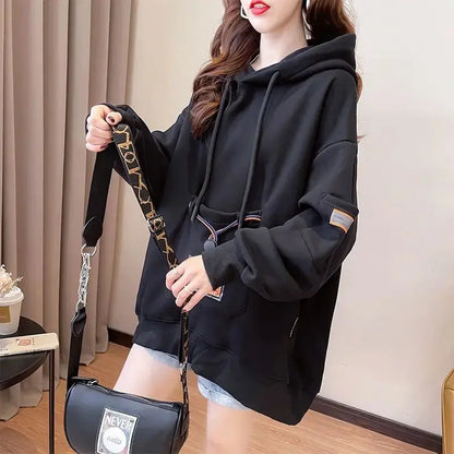 Large Size 200 Pounds Medium Long Hooded Sweatshirt Women's Thin 2025 New Spring Korean Version Loose Top Jacket Ins Trend - SS69