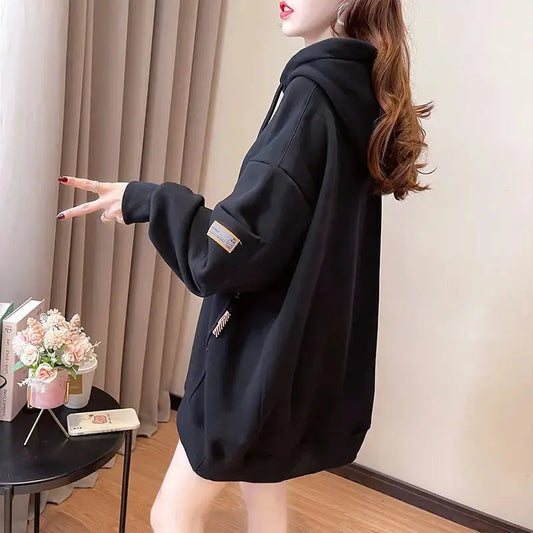 Large Size 200 Pounds Medium Long Hooded Sweatshirt Women's Thin 2025 New Spring Korean Version Loose Top Jacket Ins Trend - SS69