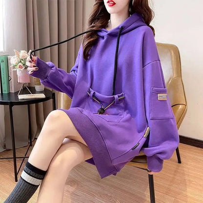 Large Size 200 Pounds Medium Long Hooded Sweatshirt Women's Thin 2025 New Spring Korean Version Loose Top Jacket Ins Trend - SS69