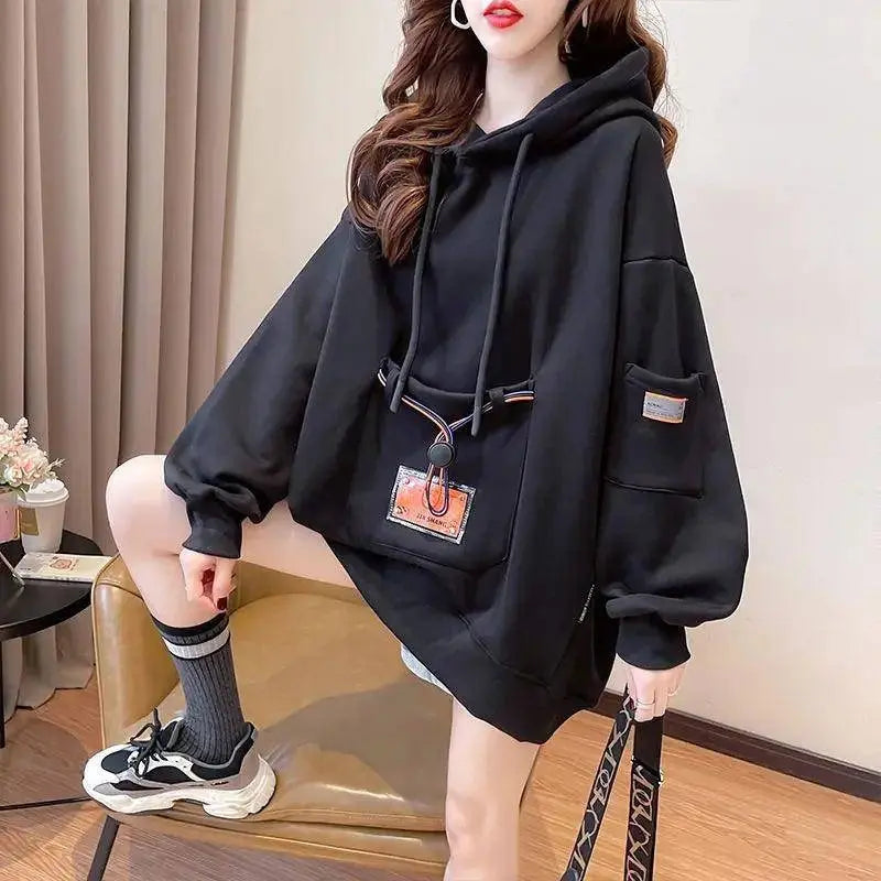 Large Size 200 Pounds Medium Long Hooded Sweatshirt Women's Thin 2025 New Spring Korean Version Loose Top Jacket Ins Trend - SS69