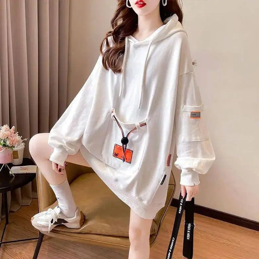 Large Size 200 Pounds Medium Long Hooded Sweatshirt Women's Thin 2025 New Spring Korean Version Loose Top Jacket Ins Trend - SS69