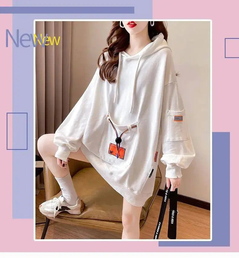 Large Size 200 Pounds Medium Long Hooded Sweatshirt Women's Thin 2025 New Spring Korean Version Loose Top Jacket Ins Trend - SS69