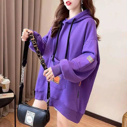 Large Size 200 Pounds Medium Long Hooded Sweatshirt Women's Thin 2025 New Spring Korean Version Loose Top Jacket Ins Trend - SS69