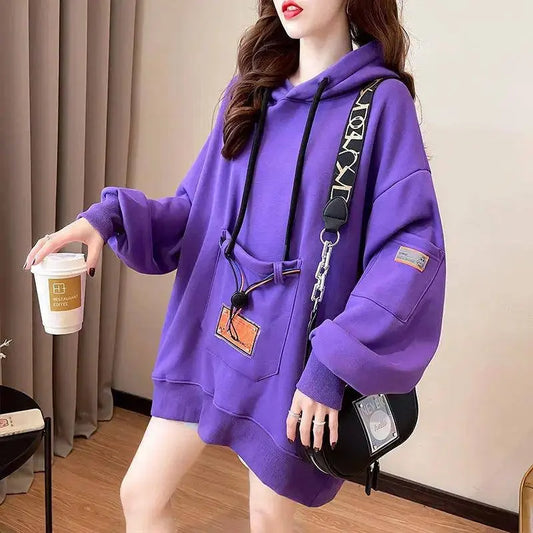 Large Size 200 Pounds Medium Long Hooded Sweatshirt Women's Thin 2025 New Spring Korean Version Loose Top Jacket Ins Trend - SS69