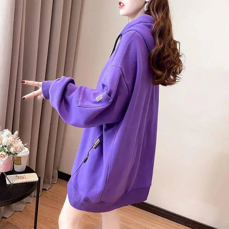 Large Size 200 Pounds Medium Long Hooded Sweatshirt Women's Thin 2025 New Spring Korean Version Loose Top Jacket Ins Trend - SS69